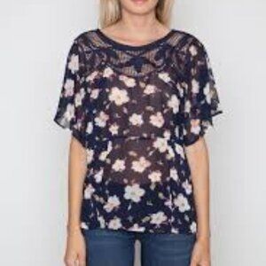 Meadow Rue | Anthropologie Boho Floral Print Crochet Sheer Blouse Top NWOT